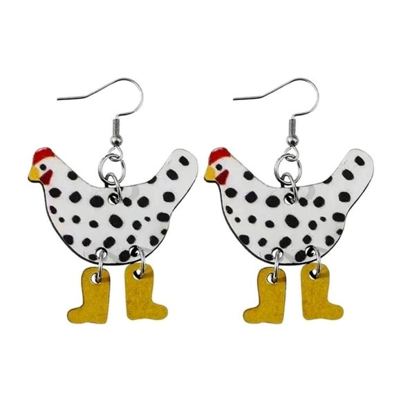 independent Jewelry - Lightweight Wooden CHICKEN Dangling Boots Earrings